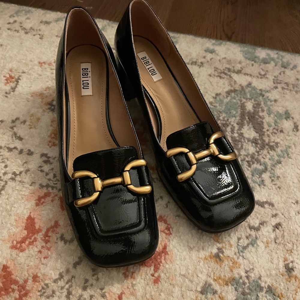 Bibi Lou Anthropologie Black Loafers with Gold Accent